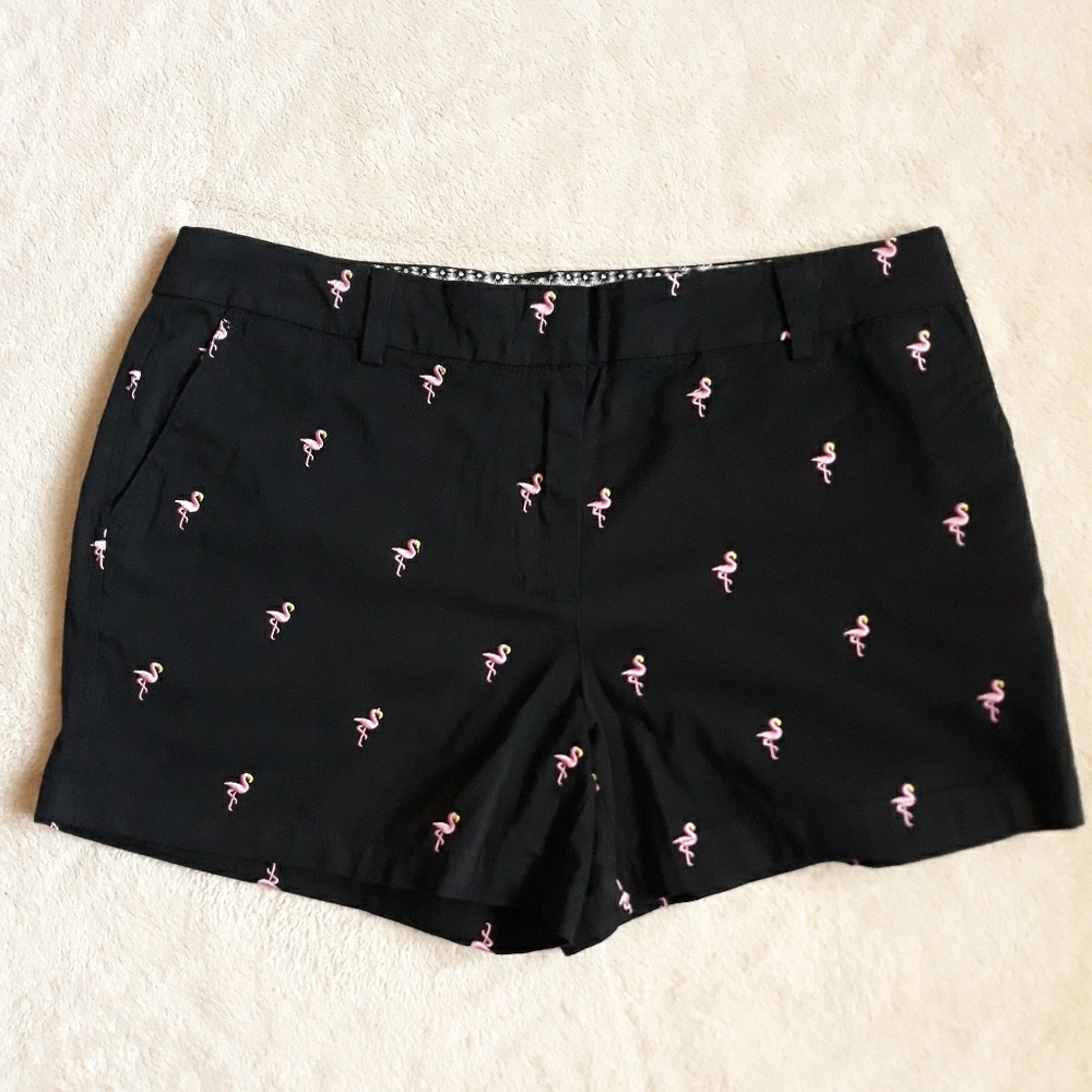 British Khaki Shorts with Embroidered Flamingos